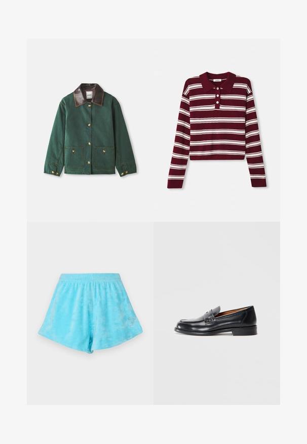 Grøn lærredjakke med brun læderkrave, der har guld knaplukninger, to frontlommer og kontrasterende syninger.; Bordeaux langærmet polo sweater med hvide vandrette striber, der har krave og tre knapper foran. Blød tekstur.; Lys blå tie-dye shorts med elastisk talje og et sølv rhinestone nummer syv accentueringsdetalje på den nederste side. Blød bomuldsstruktur.; Sort læder loafersko med rund tå, syede detaljer og en glat overflade. Har en lav hæl og slip-on design.