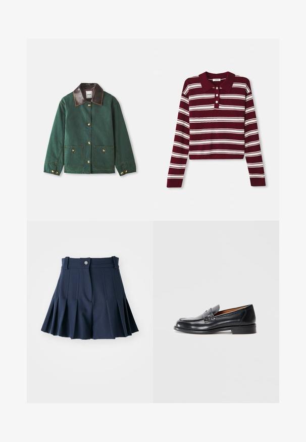 Giacca in tela verde con colletto in pelle marrone, dotata di chiusura con bottoni dorati, due tasche frontali e dettagli di cucitura a contrasto.; Maglione polo a maniche lunghe bordeaux con strisce orizzontali bianche, dotato di colletto e tre bottoni frontali. Texture morbida.; Pantaloni corti a pieghe blu navy con elastico in vita, dotati di un bottone frontale e design sartoriale. Realizzati in un tessuto liscio, adatti per l'abbigliamento casual.; Mocassino in pelle nera con punta arrotondata, dettagli cuciti e texture liscia. Presenta un tacco basso e un design slip-on.