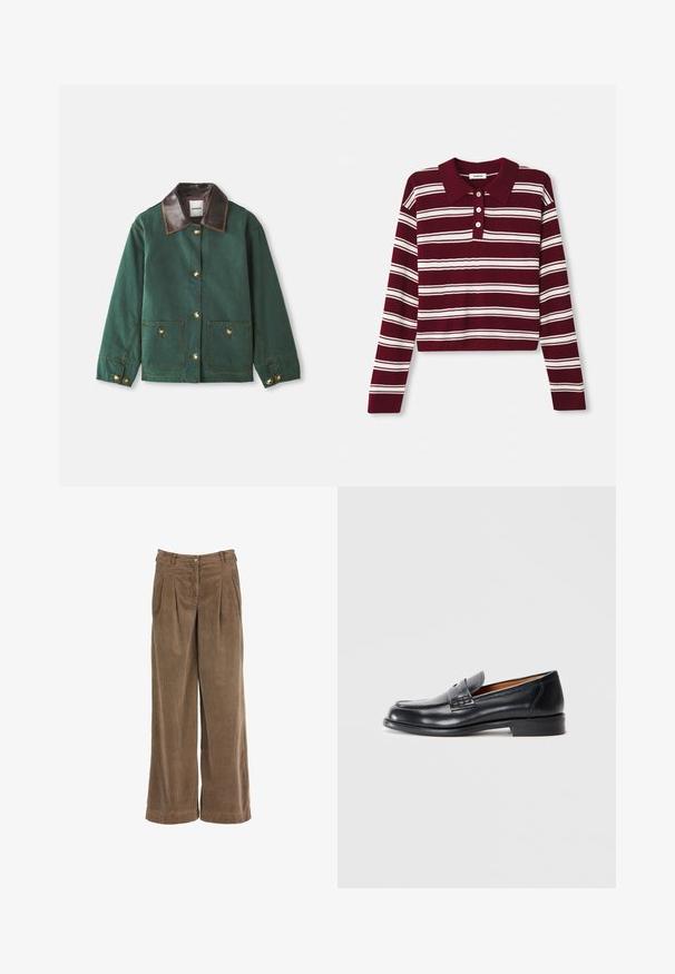 Žalia drobės striukė su ruda odine apykakle, su aukso mygtukais, dviem priekinėmis kišenėmis ir kontrastingais siuvinėjimo detalėmis.; Bordo ilgaaustris polo megztinis su baltomis horizontaliomis juostomis, turintis apykaklę ir tris mygtukus priekyje. Minkšta tekstūra.; Rudos korduroy pločių kojų kelnės su priekinėmis raukšlėmis, sagčių užsegimu ir tekstūruotu audiniu. Su aukštu liemeniu ir tiesiais kojų kirpimais.; Juodos odinės loaferiai su apvaliu pirštu, siuvinėjimo detalėmis ir lygia tekstūra. Turi žemą kulną ir lengvai užmaunamą dizainą.