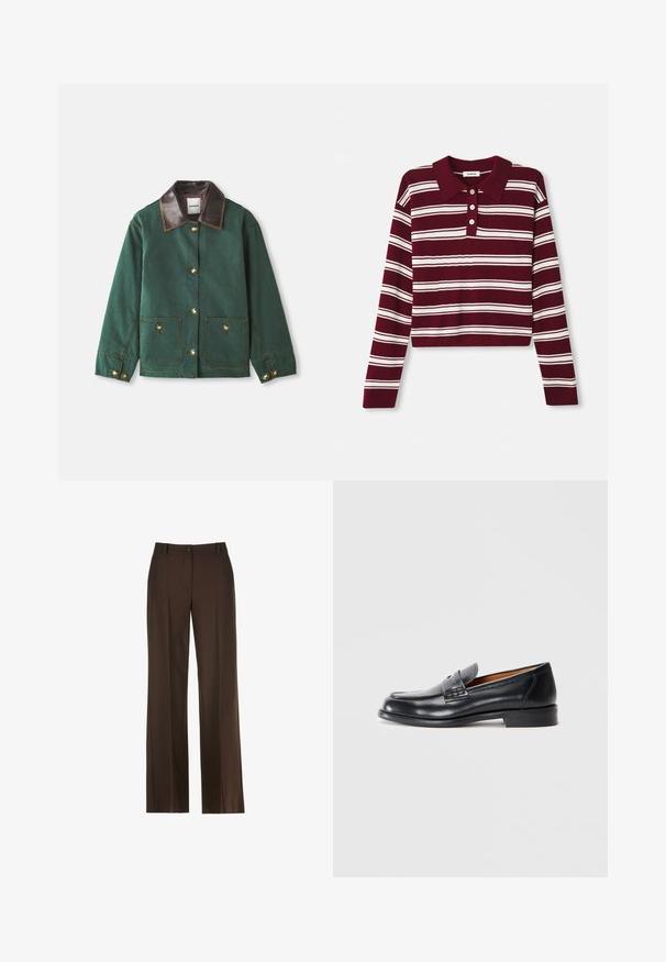 Zaļš audekla žakets ar brūnu ādas apkakli, kas aprīkots ar zelta pogām, divām priekšējām kabatām un kontrastējošiem izšuvumiem.; Burgundijas krāsas garām piedurknēm polo džemperis ar baltām horizontālām svītrām, ar apkakles izgriezumu un trim pogām priekšpusē. Mīksta tekstūra.; Brūns platās kājas bikses ar gludu tekstūru, ar priekšējo pogu aizdari, josta cilpiņām un griezumu detaļām gar priekšpusi.; Melna ādas loafer kurpe ar noapaļotu purngalu, izšūtu detaļu un gludu tekstūru. Ir zems papēdis un viegli uzvelkama dizaina.