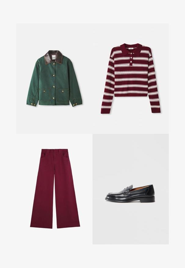 Giacca in tela verde con colletto in pelle marrone, dotata di chiusura con bottoni dorati, due tasche frontali e dettagli di cucitura a contrasto.; Maglione polo a maniche lunghe bordeaux con strisce orizzontali bianche, dotato di colletto e tre bottoni frontali. Texture morbida.; Pantaloni larghi bordeaux in cotone con una superficie liscia, caratterizzati da due tasche frontali e una cintura dal design classico.; Mocassino in pelle nera con punta arrotondata, dettagli cuciti e texture liscia. Presenta un tacco basso e un design slip-on.