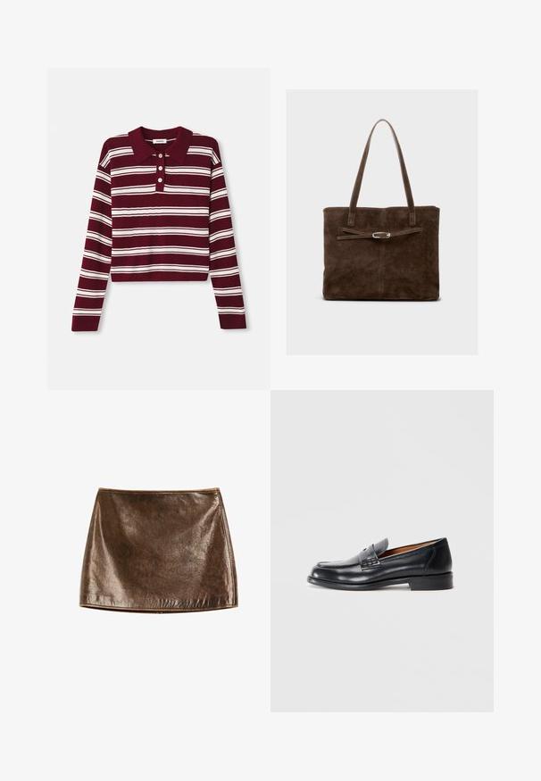 Grüne Canvas-Jacke mit braunem Lederkragen, ausgestattet mit goldenen Knopfverschlüssen, zwei Fronttaschen und kontrastierenden Nähten.; Burgunderfarbener Langarm-Polo-Pullover mit weißen horizontalen Streifen, mit einem Kragen und drei Knöpfen vorne. Weicher Stoff.; Brazer metallischer Minirock mit einer glatten, glänzenden Textur. Verfügt über ein einfaches Design und klare Linien, mit einem geraden Saum am unteren Ende.; Schwarze Lederloafers mit runder Zehenpartie, genähten Details und glatter Textur. Verfügt über einen niedrigen Absatz und ein Schlupfdesign.; Braune Wildleder-Tote-Bag mit langen Griffen, flachem Körper und einem dekorativen Riemen mit silberfarbener Hardware.