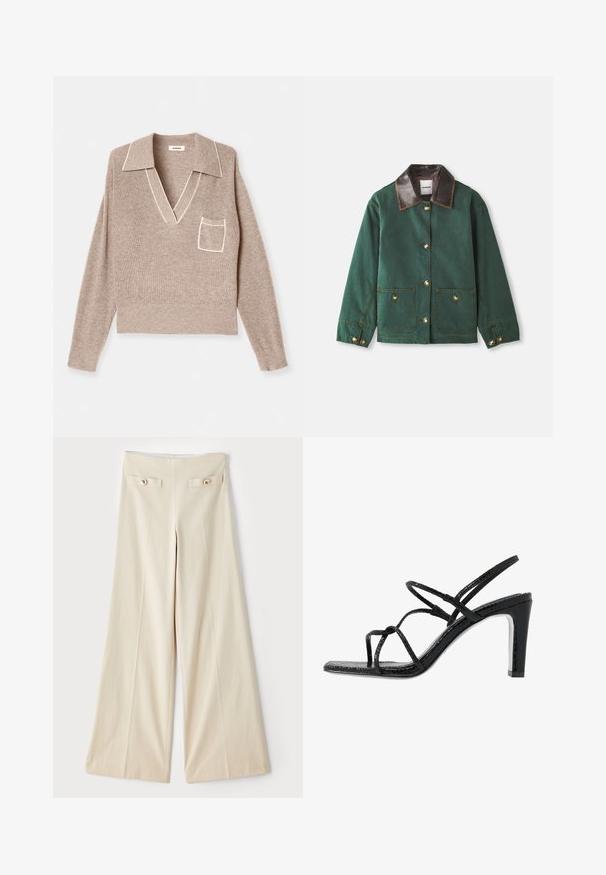 Grüne Canvas-Jacke mit braunem Lederkragen, ausgestattet mit goldenen Knopfverschlüssen, zwei Fronttaschen und kontrastierenden Nähten.; Beige Strickpullover mit Kragen, V-Ausschnitt, langen Ärmeln und einer Brusttasche. Mit kontrastierendem weißen Besatz entlang des Kragens und der Taschenkante.; Beige weite Hosen mit hoher Taille, ausgestattet mit zwei dekorativen Fronttaschen und goldfarbenen Knöpfen auf jeder Seite. Glatte Stofftextur.; Schwarze Absatzsandalen mit dünnen Riemen, strukturiertem Finish, offener Zehenpartie und einem eleganten, spitzen Absatzdesign. Verfügt über eine glatte Innensohle und eine glänzende Oberfläche.