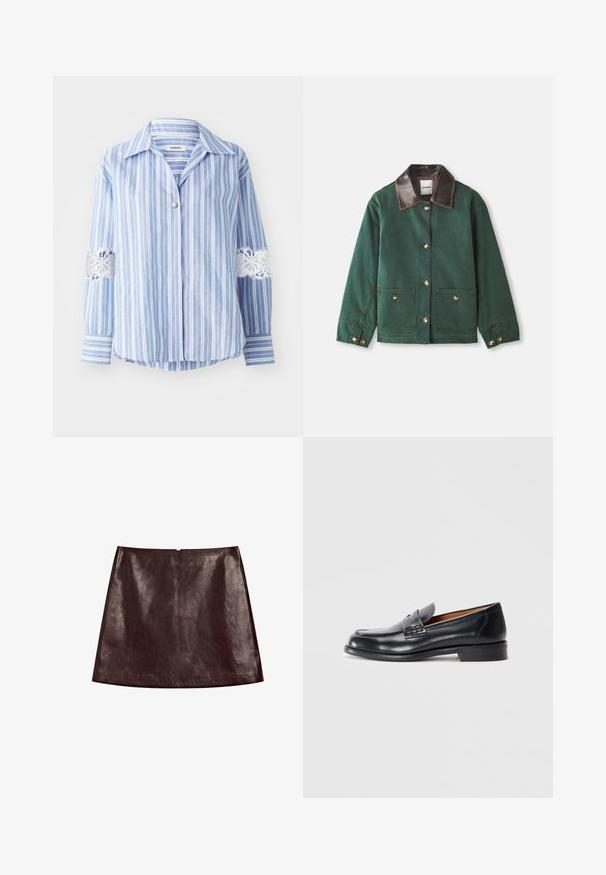 Zielona kanwa kurtka z brązowym skórzanym kołnierzem, z zapięciem na złote guziki, dwiema przednimi kieszeniami i kontrastowymi detalami w szwie.; sandro - Koszula; Burgundowa skórzana spódnica w kształcie litery A o gładkiej, błyszczącej teksturze. Posiada ukryty zamek błyskawiczny z tyłu oraz czysty, minimalistyczny design.; Czarny skórzany mokasyn z zaokrąglonym noskiem, przeszyciami i gładką fakturą. Posiada niski obcas oraz łatwy do zakładania fason.