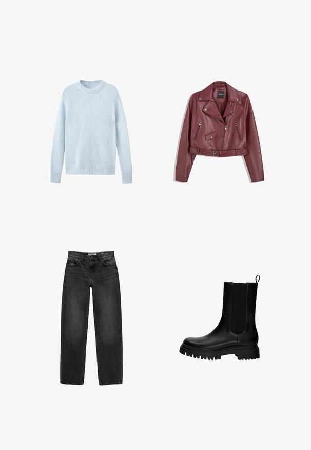 Burgundska usnjena motoristična jakna z asimetričnim zadrgo, skrajšano dolžino, zaponkami na ovratniku in dvema žepoma z zadrgo spredaj.; Svijetloplavi pleteni pulover s okruglim izrezom i dugim rukavima. Tekstura je meka i blago pahuljasta. Bez uzoraka ili dodatnih akcenata.; Črne jeans hlače s sproščenim krojem, ravnimi nogavicami, petimi žepi in rahlo zbledelim videzom. Zapenjanje na gumb in zadrgo spredaj.; Črne usnjene gležnjarje z elastikami ob straneh, z ročajem na zadnji strani in debelim, odpornih podplatom. Gladka tekstura z modernim dizajnom.