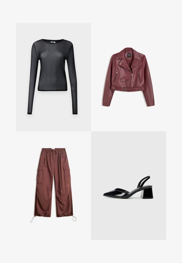 Burgundowa skórzana kurtka motocyklowa z asymetrycznym zamkiem, krótkim fasonem, zatrzaskowymi klapami i dwiema zasuwanymi kieszeniami na przodzie.; Czarna bluzka z długim rękawem wykonana z przezroczystego materiału, z okrągłym dekoltem i dopasowanym krojem, z delikatnie wykończonymi brzegami.; Szerokie brązowe spodnie cargo z elastycznym paskiem w talii, sznureczkiem do regulacji, dużymi kieszeniami bocznymi oraz regulowanymi sznureczkami przy kostkach.; Czarne lakierowane półbuty na obcasie z wydłużonym noskiem i geometrycznym słupkiem. Charakteryzują się eleganckim, minimalistycznym designem oraz gładką fakturą.