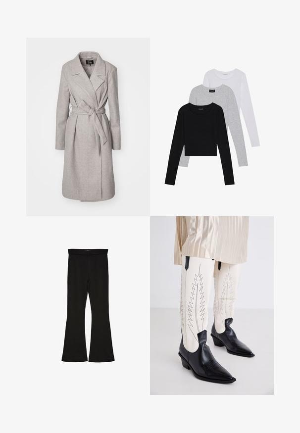 Vaaleanharmaa villasekoitteinen takki, jossa on pitkät hihat, vyötärölle lisätty vyö, halkio-kaulus ja kaksi etutaskua. Ominaisuuksina pehmeä ja sileä rakenne.; Kolme pitkähihasta paita päällekkäin: musta, harmaa ja valkoinen. Jokaisessa on pyöreä pääntie ja lyhennetty muotoilu, jossa on sileä ja kevyt kangas.; Mustat leveät legginsit, jotka on valmistettu joustavasta kankaasta. Niissä on leveä vyötärö ja sileä pinta, sekä vartalonmyötäinen leikkaus, joka levenee helmassa.; Mustat cowboy-kengät, joissa on teksturoitu pinta, terävät varpaat ja matalat lohkarekorot, yhdistettyinä valkoisiin tiukkoihin housuihin, joissa on mustat vekkilinjat.