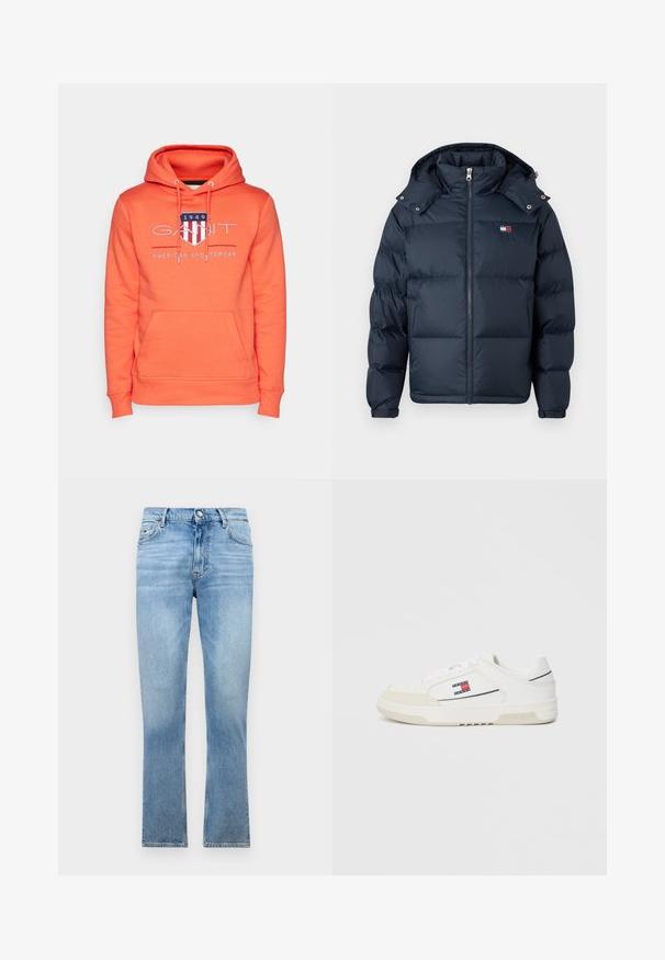 Navy blue puffer jacket with a zip front, hood, and padded design. Features a logo patch on the chest and snap buttons on the hood.; GANT ARCHIVE SHIELD - Hoodie - orange; Tommy Jeans DAD REGULAR - Relaxed fit jeans - denim light; White sneakers with a smooth leather upper and suede toe cap, featuring a small red, white, and blue logo on the side and textured sole.