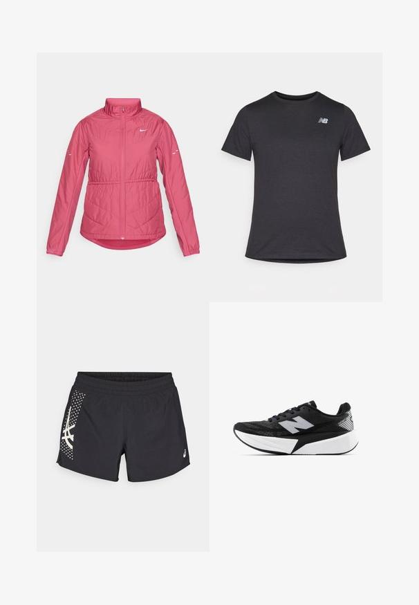 Růžová zateplená bunda s vysokým límcem, plným předním zipem, elastickými manžetami a detaily v chevronovém švu. Obsahuje malé bílé logo na hrudi.; Černé tričko s krátkým rukávem vyrobené z měkké tkaniny, s malým šedým logem New Balance na levé horní části hrudi, klasický design s kulatým výstřihem.; Černé sportovní šortky s elastickým pasem a logem. Na bocích mají design s bílými akcenty a tečkovaný vzor.; Černobílá běžecká bota New Balance s tlustou podrážkou, síťovaným svrškem a logem "N" na boku, sledována z vnější strany.
