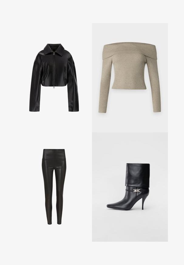 Juodas trumpas odinis švarkas su smailiu apykakle, priekyje užtrauktukas ir dvi šoninės kišenės. Lygus paviršius su blizgiu apdaila.; Smėlio spalvos nusmukęs petys megztinis su ilgomis rankovėmis ir prigludusia forma. Ant apvado yra mažas logotipo akcentas.; Aukštai juosmens juodos dirbtinės odos legging'os su švelniu, blizgiu paviršiumi ir prigludusia siluetu, siaurėjančiu ties kulkšnimi. Nėra matomų siūlių.; Juodos odinės kulkšninių botų su smailiu nosiu, aukštu stiletto kulnu, apvyniojamu kraštu ir auksine dekoratyvine sagtimi prie kulkšnies.