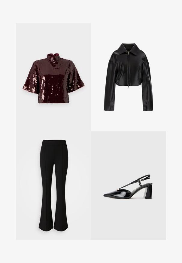 Czarna skórzana kurtka do połowy brzucha z wysmuklonym kołnierzem, zamkiem błyskawicznym z przodu i dwoma bocznymi kieszeniami. Gładka faktura z błyszczącym wykończeniem.; Burgundowy top crop z cekinami, z wysokim dekoltem i krótkimi rękawami. Teksturowana powierzchnia z refleksyjnymi cekinami, tworzącymi błyszczący wygląd.; Czarne spodnie dzwony z elastycznego materiału o gładkiej strukturze, z detalami szwów z przodu dla dodatkowego stylu.; Czarne lakierowane szpilki z odkrytymi piętami, z ostrym noskiem, regulowanym paskiem i masywnym prostokątnym obcasem.