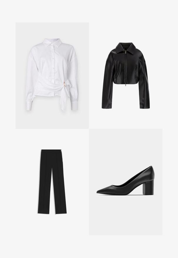 Giacca di pelle cropped nera con colletto a punta, chiusura frontale con zip e due tasche laterali. Tessuto liscio con finitura brillante.; Camicia bianca con bottoni, maniche lunghe, caratterizzata da un design avvolgente e dettaglio con fiocco in vita, realizzata in cotone leggero.; Pantaloni neri a gamba larga con due pieghe frontali, vita elasticizzata e zip laterali per dettagli. Texture liscia e design minimalista.; Decolleté in pelle nera con punteggiatura e tacco quadrato spesso. Texture liscia, design semplice, adatto per ambienti formali.