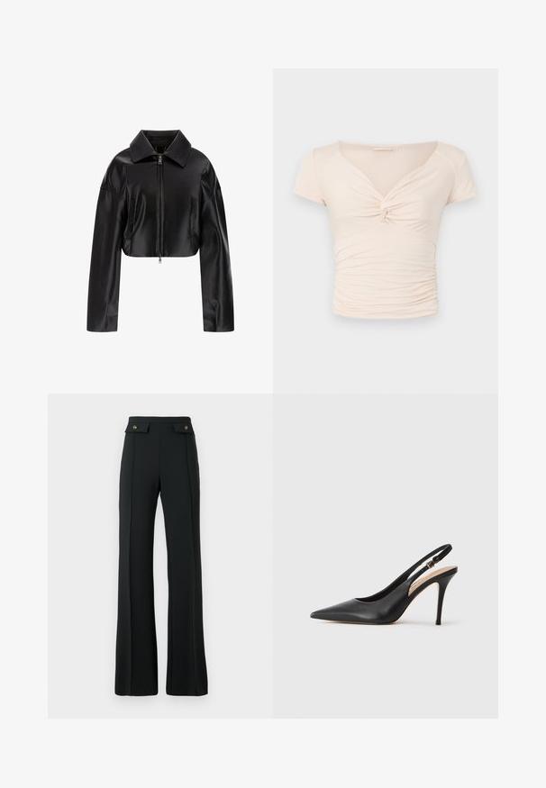 Mustmustest musta nahkjope terava krae, ees jalgratta sulgemine ja kaks küljetaskut. Sile tekstuur läikiva viimistlusega.; Heledad beež pluus lühikeste varrukatega, V-kaelusega ja esise keerdumise detailiga, külgedel kogutud tekstuuriga, et saavutada keha lähedane mudel.; Kõrge vöökohtadega mustad laiema säärega püksid, millel on esiseam ja kaks kuldse nupuga klapptaskut vöö kohal.; Mustaga nahast slingback kõrge kontsaga jalanõud terava toe ja sileda tekstuuriga, delikaatse rihmaga, mis on varustatud metallist säärekohaga.
