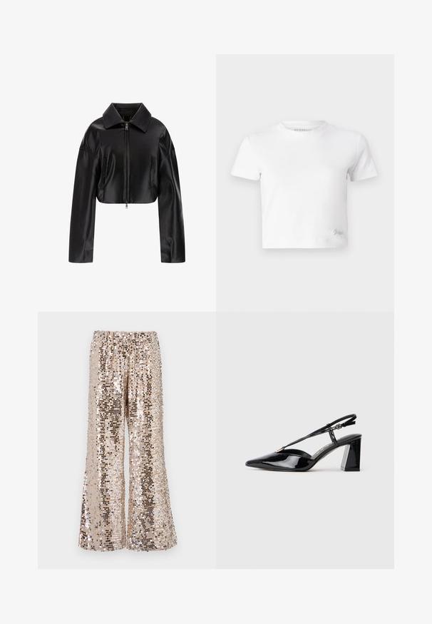 Zwarte cropped leren jas met een puntige kraag, ritssluiting aan de voorkant en twee zijzakken. Gladde textuur met een glanzende afwerking.; Witte cropped t-shirt van zacht katoen, met een hoge hals en korte mouwen. Klein geborduurd logo in de onderhoek.; Gouden en zilveren wijde broeken met pailletten en een elastische tailleband. Kenmerkt zich door een schitterende textuur en een losse pasvorm.; Zwarte gepatineerde lederen slingback hakschoenen met een spitse neus, verstelbare band en stevige rechthoekige hak.