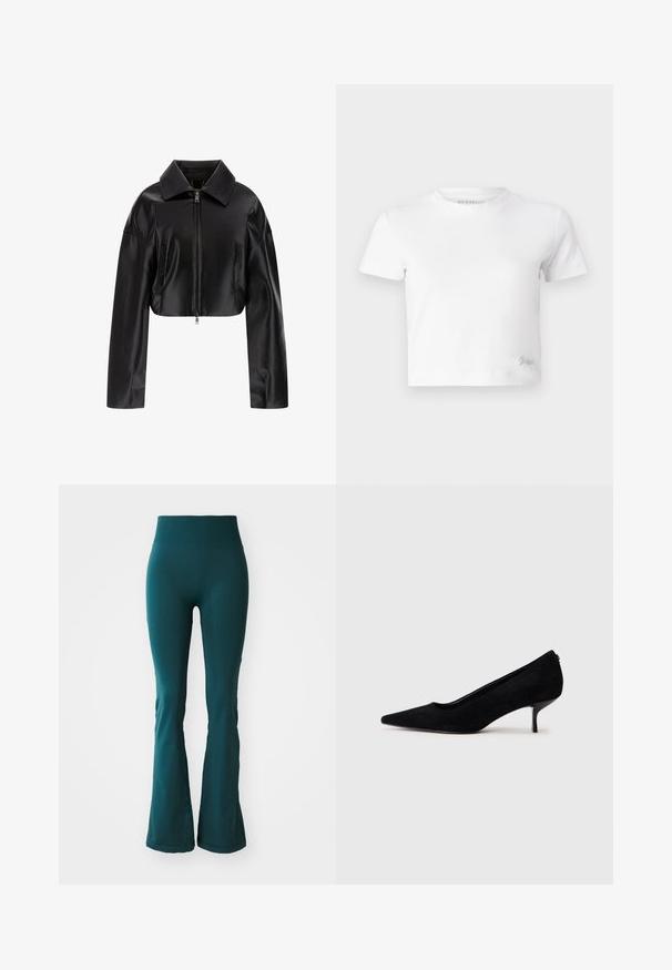 Veste en cuir noire cropped avec un col pointu, fermeture éclair à l'avant et deux poches latérales. Texture lisse avec une finition brillante.; T-shirt blanc court en coton lisse, avec un col haut et des manches courtes. Petit logo brodé dans le coin inférieur.; Leggings évasés teal en tissu doux et extensible avec une taille haute, présentant une texture subtile et un design ajusté.; Chaussure à talon haut en suede noir avec un bout pointu et un talon fin et bas. Texture lisse avec un design épuré, sans matériel visible.