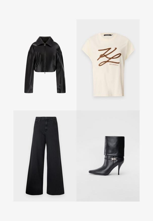 Zwarte cropped leren jas met een puntige kraag, ritssluiting aan de voorkant en twee zijzakken. Gladde textuur met een glanzende afwerking.; Crème-kleurige katoenen t-shirt met korte mouwen, met een bruin geborduurd logo en scriptontwerp op de voorkant.; Zwarte wijdvallende denim jeans met hoge taille en sluiting met een voorste knoop, weergegeven tegen een effen achtergrond.; Zwarte leren enkelboot met een spitse neus, hoge stilettohak, opgevouwen manchet en een gouden decoratieve gespdetails op de enkel.