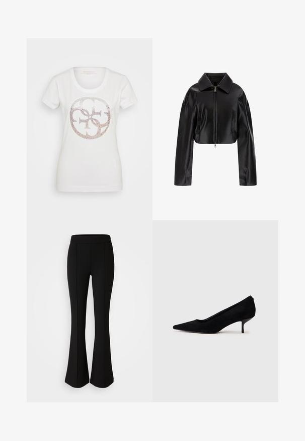 Schwarze, kurz geschnittene Lederjacke mit spitzem Kragen, vorderem Reißverschluss und zwei seitlichen Taschen. Glatte Textur mit glänzendem Finish.; Weißes T-Shirt mit kurzen Ärmeln, das ein kreisförmiges Logodesign mit metallischen Akzenten und Strasssteinen in einem Farbverlaufsmuster zeigt.; Schwarze, ausgestellte Hose aus einem dehnbaren Material mit glatter Textur, ausgestattet mit Nahtdetails an der Vorderseite für ein zusätzliches Designelement.; Schwarzer Wildleder-High-Heel-Schuh mit spitzem Zeh und slim, niedrigem Absatz. Glatte Textur mit elegantem Design, ohne sichtbare Beschläge.