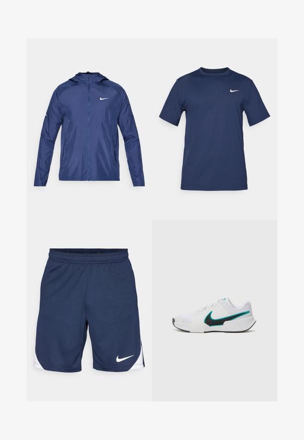 Navy blue Nike jacket with a zip-up front, hood, long sleeves, and a white logo on the chest. Made from lightweight, smooth material.; Navy blue Nike t-shirt made of soft fabric, featuring short sleeves, a crew neck, and a small white logo on the upper left chest.; Navy blue athletic shorts made from textured fabric featuring an elastic waistband and a white Nike logo at the hem.; White athletic shoe with textured mesh upper, black rubber sole, and teal Nike swoosh accent. Features laces and padded collar.