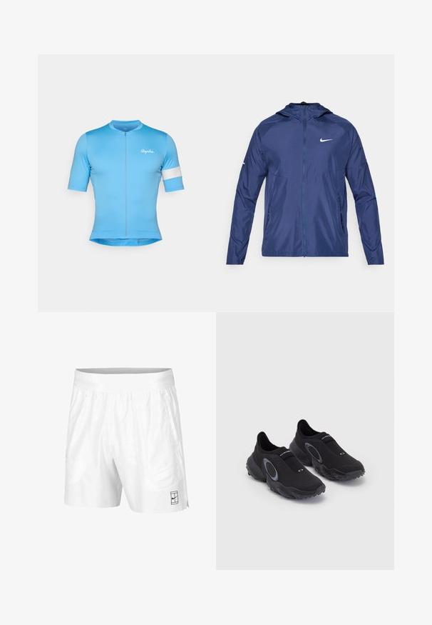 Marineblaue Nike-Jacke mit durchgehendem Reißverschluss, Kapuze, langen Ärmeln und einem weißen Logo auf der Brust. Hergestellt aus leichtem, glattem Material.; Blaues kurzärmeliges Radtrikot mit einem Reißverschluss vorne, aus glattem, elastischem Stoff. Mit einem weißen Akzentband am Ärmel und dem "Rapha"-Logo.; Weiße Sportshorts aus leichtem Gewebe mit einem elastischen Bund, ausgestattet mit zwei Seitentaschen und einem kleinen schwarzen Logo am Saum.; Schwarze Slipper mit strukturiertem Obermaterial und Gummisohle. Sie verfügen über einen grauen, runden Akzent und ein elastisches Band über dem Spann für einen besseren Sitz.