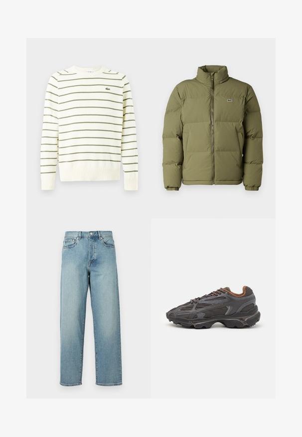 Casaco acolchoado de cor verde oliva com gola alta. Fecho frontal em zíper, punhos elásticos e um pequeno logótipo no peito esquerdo. Textura suave.; Sweater bege claro com riscas horizontais em verde oliva, com punhos e bainha canelados, apresentando um pequeno logo no lado esquerdo do peito.; Jeans de denim azul claro com um corte solto, pernas retas, design de cinco bolsos e fecho de botão na cintura. Detalhe de costura minimalista.; Ténis Lacoste em cinza-escuro com material em malha e sintético, apresentando uma sola texturizada e detalhes castanhos na gola e na marca.