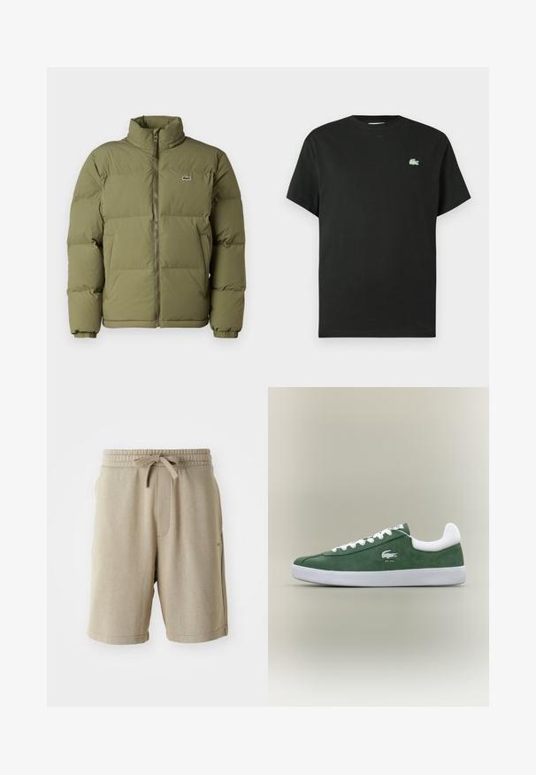 Olive green padded jacket with a high collar. Front zip closure, elastic cuffs, and a small logo on the left chest. Smooth texture.; Black cotton t-shirt with a crew neck, short sleeves, and a green embroidered logo on the left chest. Smooth texture, relaxed fit.; Beige shorts with a soft texture, elastic waistband, drawstring, and side pockets. Mid-thigh length and minimal branding on the hem.; Low-profile green suede sneaker with white laces, white sole, padded heel collar, and embroidered crocodile logo with "EST. 1933" text.