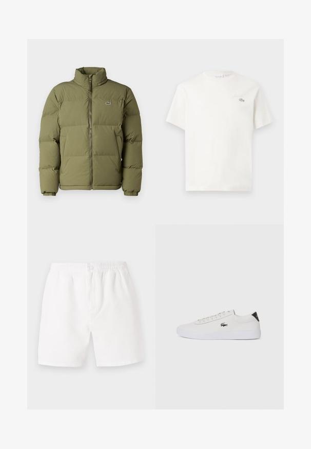 Maslinasto zelena jakna s punjenjem i visokim ovratnikom. Zatvaranje s prednjim patentnim zatvaračem, elastične manžete i mali logo na lijevoj strani prsnog koša. Glatka tekstura.; Bijela pamučna majica s kratkim rukavima, s diskretnim izvezenim logom i minimalističkim dizajnom. Mekana tekstura, okrugli izrez.; Bijele, teksturirane kratke hlače s elastičnim pojasom i kopčanjem na gumbe. Imaju slobodan kroj i duljinu do pola bedra, prikladne za svakodnevno nošenje.; Bijele kožne tenisice s okruglim vrhom, vezanjem sprijeda i crnim detaljem na peti. Imaju mali izvezeni logotip krokodila s bočne strane.