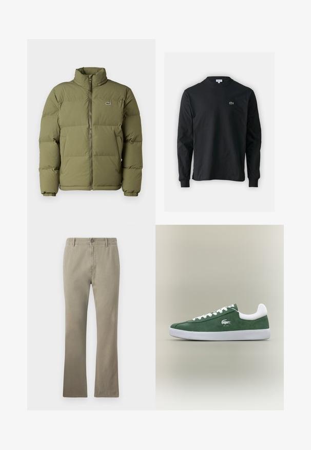 Olivengrøn polstret jakke med høj krave. Foran lynlås-lukning, elastiske manchetter og et lille logo på venstre bryst. Glat tekstur.; Sort langærmet t-shirt lavet af bomuld, med rund halsudskæring og et lille grønt broderet krokodillelogo på venstre bryst.; Beige bomuldsbukser med lige snit, udstyret med knaplukning, bæltesløjfer og en let struktureret overflade, velegnet til eachdag.; Lave profil grøn ruskinds sneaker med hvide snørebånd, hvid sål, polstret hælkoture og broderet krokodilleskud med teksten "EST. 1933".
