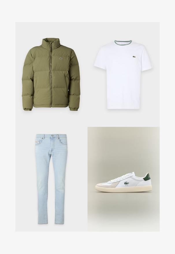 Alyvuogių žalios spalvos pūkinė striukė su aukštu apykakle. Priekyje užtrauktukas, elastingi rankogaliai ir mažas logotipas kairėje krūtinės pusėje. Lygi tekstūra.; Balta medvilninė trumpo rankovės marškinėliai su įsiūtu apykakle, dekoruota žaliais ir juodais dryžiais; mažas žalias siuvinėtas logotipas kairėje krūtinės pusėje.; Šviesiai mėlyni džinsai su siauru kirpimu, turintys priekinės ir galinės kišenes, bei šiek tiek pažeistą audinį tekstūrai.; Baltos sportbačiai su žaliais akcentais, pagaminti iš zomšos ir odos, su apvaliu nose, tekstūruotu padu ir siuvinėtu logotipu šone bei ant liežuvio.