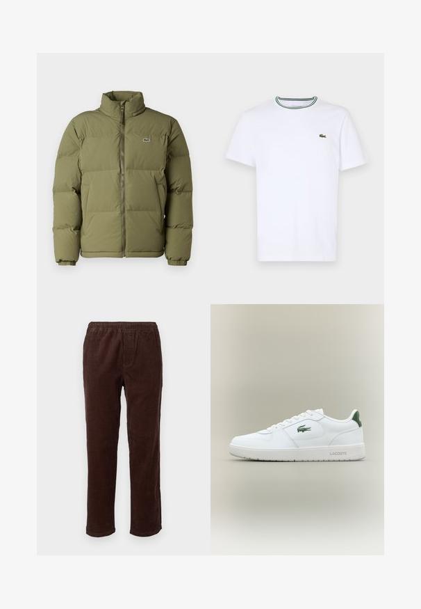 Casaco acolchoado de cor verde oliva com gola alta. Fecho frontal em zíper, punhos elásticos e um pequeno logótipo no peito esquerdo. Textura suave.; T-shirt branco de algodão de mangas curtas com colarinho canelado, apresentando riscas verdes e pretas; pequeno logotipo verde bordado no lado esquerdo do peito.; Calças de cotelê castanhas com um corte solto, apresentando uma cintura elástica e textura ribbed vertical. Design de perna reta, sem bolsos.; Sapatilha de couro branca com um acabamento suave, detalhes verdes no calcanhar e um logótipo verde na lateral. Apresenta sola plana e bico redondo.
