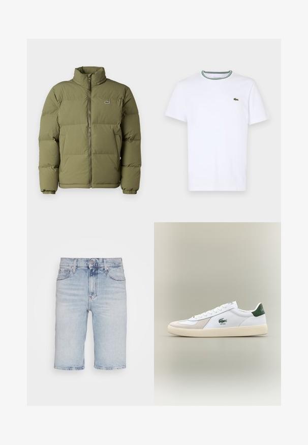 Chaqueta acolchada verde oliva con cuello alto. Cierre frontal con cremallera, puños elásticos y un pequeño logotipo en el lado izquierdo del pecho. Textura suave.; Camiseta de algodón blanca de manga corta con cuello de canalé que presenta rayas verdes y negras; pequeño logo verde bordado en el lado izquierdo del pecho.; Pantalones cortos de mezclilla azul claro con corte recto. Presenta cinco bolsillos, cierre de botón y detalles desgastados a lo largo del dobladillo.; Zapatilla blanca con acentos verdes, materiales de ante y cuero, punta redondeada, suela texturizada y logotipo bordado en el lateral y en la lengüeta.