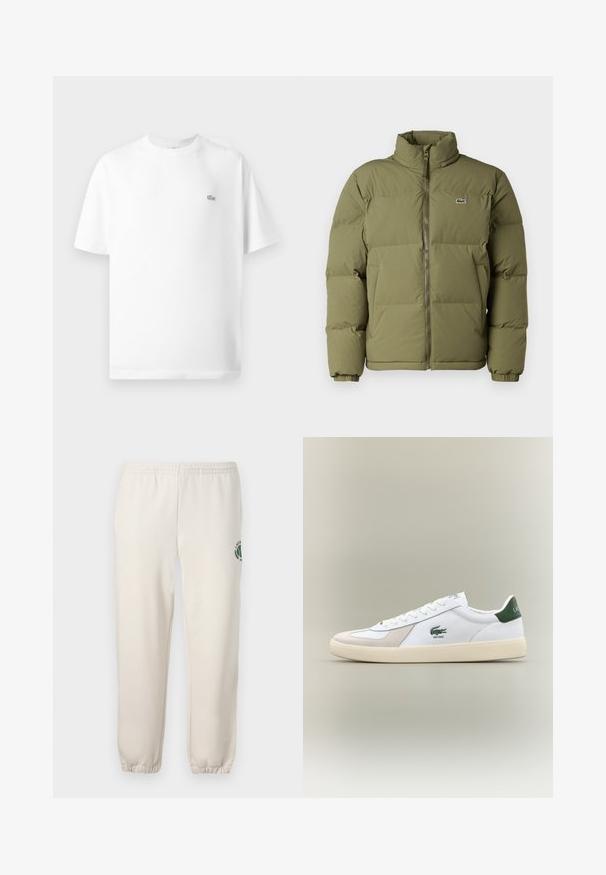 Olivově zelená zateplená bunda s vysokým límcem. Zapínání na předním díle na zip, elastické manžety a malé logo na levé části hrudi. Hladká textura.; Bílé bavlněné tričko s kulatým výstřihem a krátkými rukávy. Na levé straně hrudi je umístěno malé černé logo Lacoste.; Světle béžové tepláky vyrobené z bavlny, s elastickým pasem, žebrovanými náplety a zeleným logem s designem listu na levé noze.; Bílá teniska se zelenými akcenty, z materiálů semiš a kůže, kulatou špičkou, texturovanou podešví a vyšitým logem na boku a jazyku.