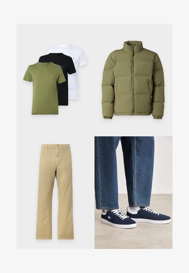 Oliva zöld párnázott dzseki magas gallérral. Elöl cipzáras záródás, elasztikus mandzsetták, és egy kis logó a bal mellen. Simas textura.; Három rövidujjú póló olajzöld, fekete és fehér színben. Mindegyik környakú, és egy kis logó található a bal mellen.; Világos bézs színű, egyenes szárú chino nadrág. Puha pamut anyagból készült, elöl gombos záródással és oldalsó zsebekkel rendelkezik.; Kék vászon sportcipők fehér fűzőkkel és gumis talppal, farmernadrággal és szürke bordás zoknikkal együtt bemutatva, világosszürke felületen.