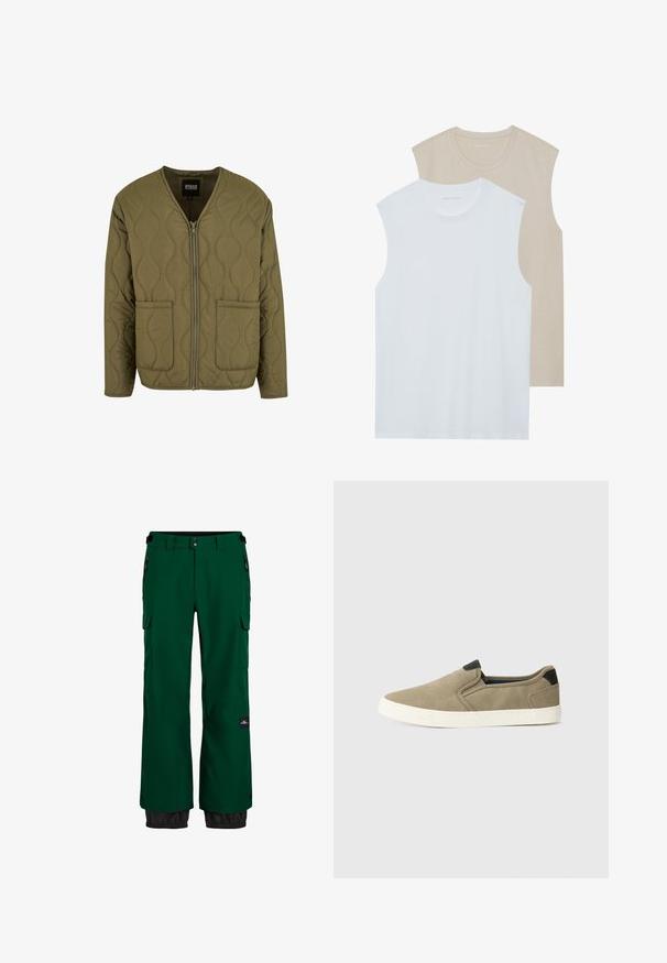 Veste matelassée vert olive avec une texture lisse, décolleté en V, fermeture éclair et deux poches avant ; présente des coutures à motif ondulé.; Deux chemises sans manches : l'une blanche, l'autre beige clair. Les deux ont un encolure ras du cou et sont fabriquées dans un tissu doux et lisse avec une coupe décontractée.; Pantalons de neige waterproof verts avec une poche cargo, des poignets élastiques et un ourlet inférieur noir contrastant. Comprend des zips et un tissu durable.; Baskets taupe à enfiler avec une tige en tissu texturé, accent de talon noir contrastant et semelle en caoutchouc blanche. Design perforé pour une meilleure respirabilité.