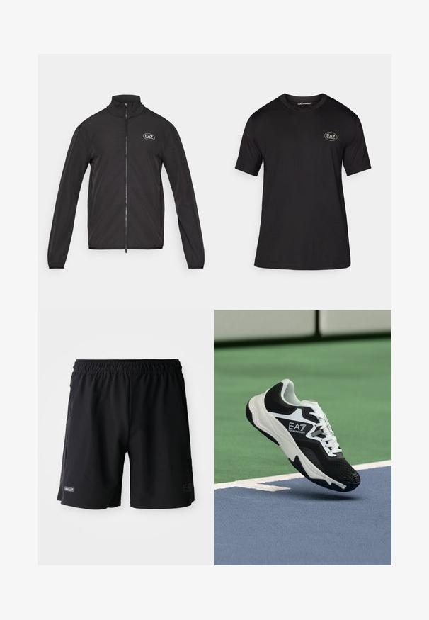 Must musta väljakäidav jope kõrge kraega, kergest kangast. Kätel on pikad varrukad ja vasakul rinnal väike EA7 logo.; Must have lühikeste varrukatega must T-särk, mis on valmistatud pehmest kangast, ümmarguse kaelusega ja vasakul rinnataskul väikese valge logoga.; Mustad elastsedelistega spordilühikesed püksid, millel on valgel taustal diskreetsed logod "VENTUS7" ja "EA7 Emporio Armani" esikülgedel.; Mustvalge EA7 Emporio Armani tossu ripub siniste ja roheliste tenniseväljakute joonte kohal.
