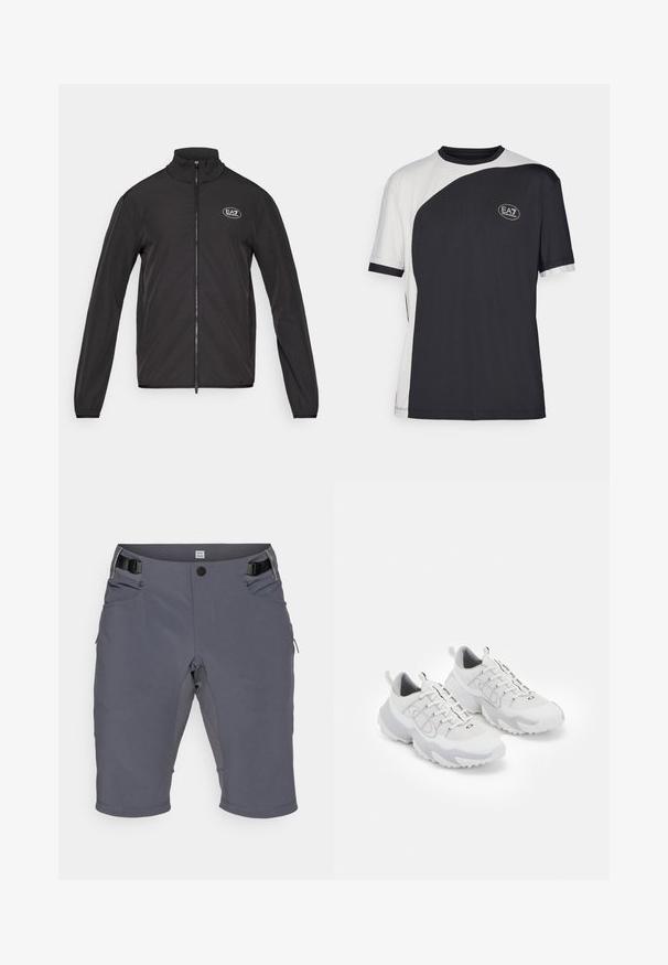 Melnā jaka ar rāvējslēdzēju, augstu apkakli, izgatavota no viegla auduma. Iespējas ietver garas piedurknes un nelielu EA7 logo augšējā kreisajā krūtī.; Īsām piedurknēm T-krekls ar divu toņu dizainu melnā un baltā krāsā, ar gludu faktūru un EA7 logotipu priekšpusē.; Pelēki šorti, izgatavoti no stiept auduma, ar pogu aizdari, regulējamu jostasvītru un vairākiem sānu kabatām. Gluda tekstūra, līdz ceļiem garš fasona.; Baltas sporta apģērbs ar sietu augšdaļu, pelēkiem akcentiem, teksturētu gumijas zoli un vilkšanas cilpiņām uz papēža; iekļauj necaurlaidīgu dizainu.