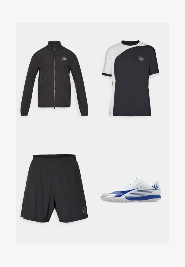 Casaco preto com fecho até ao pescoço, feito de tecido leve. Apresenta mangas longas e um pequeno logo EA7 no canto superior do lado esquerdo do peito.; T-shirt de manga curta com um design bicolore em preto e branco, com uma textura suave e um logo EA7 na frente.; Calções atléticos pretos feitos de um tecido leve, com uma cintura elástica e um logótipo circular dourado na parte inferior direita.; Sapatilha branca com detalhes azuis, parte superior em malha texturizada, design curvado e sola em borracha com padrões de aderência. Fecho com atacadores para um ajuste seguro.