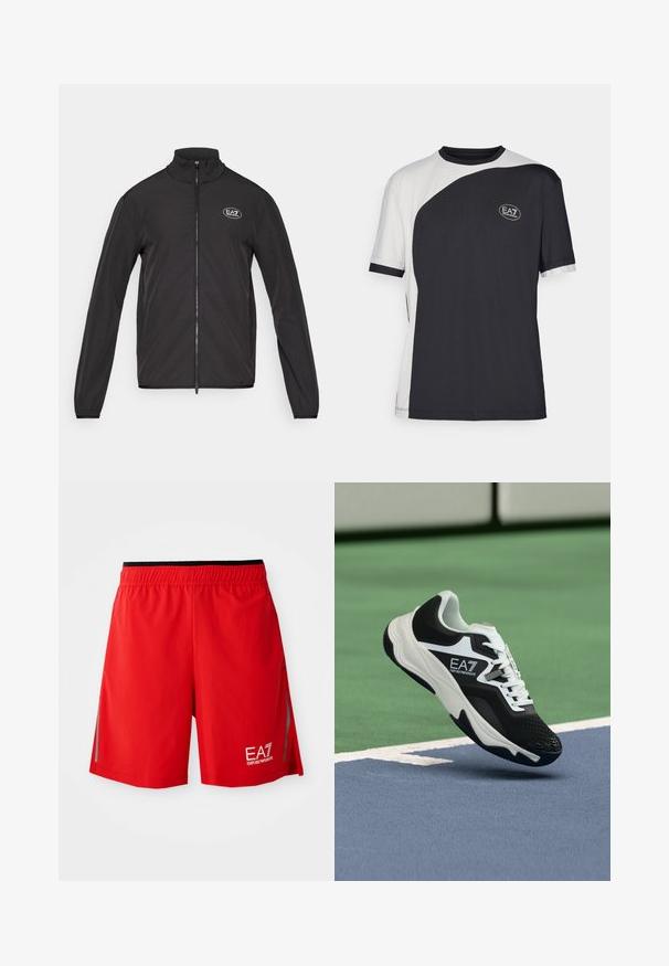 Juodas zip-up džemperis su aukštu apykakle, pagamintas iš lengvos medžiagos. Turi ilgas rankoves ir mažą EA7 logotipą viršutinėje kairėje krūtinės pusėje.; Trumpas rankovės marškinėliai, pasižymintys dviejų spalvų juodai baltu dizainu, su lygiu paviršiumi ir EA7 logotipu priekyje.; Raudoni sportiniai šortai su juodu elastingu juosmeniu, šoninėmis vėdinimo angomis, atspindinčiomis detalėmis ir baltu EA7 Emporio Armani logotipu dešiniajame šortų šone.; Juodos ir baltos spalvos EA7 Emporio Armani sportbačiai pakabinti virš mėlynų ir žalių teniso korto linijų.