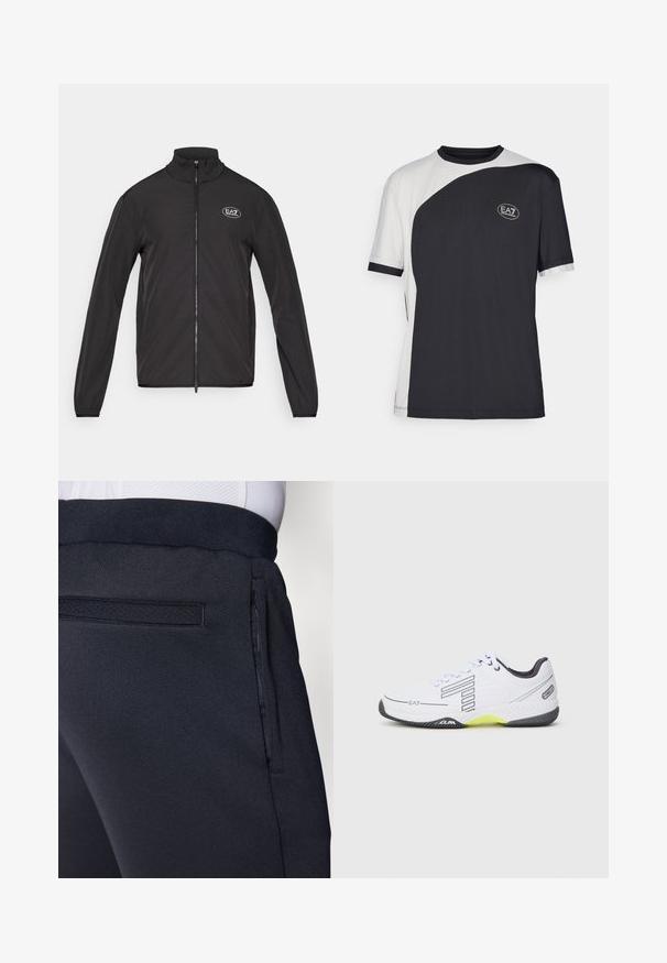 Juodas zip-up džemperis su aukštu apykakle, pagamintas iš lengvos medžiagos. Turi ilgas rankoves ir mažą EA7 logotipą viršutinėje kairėje krūtinės pusėje.; Trumpas rankovės marškinėliai, pasižymintys dviejų spalvų juodai baltu dizainu, su lygiu paviršiumi ir EA7 logotipu priekyje.; Tamsiai mėlynos sportinės kelnės, pagamintos iš minkštos, tekstūruotos medžiagos, su elastine juosmens juosta ir šonine kišene su užtrauktuku patogumui.; Balti sportiniai batai su juodais akcentais ir pilkais detalėmis. Yra tekstūruotas viršus, raišteliai ir ryškiai geltonas pado segmentas.