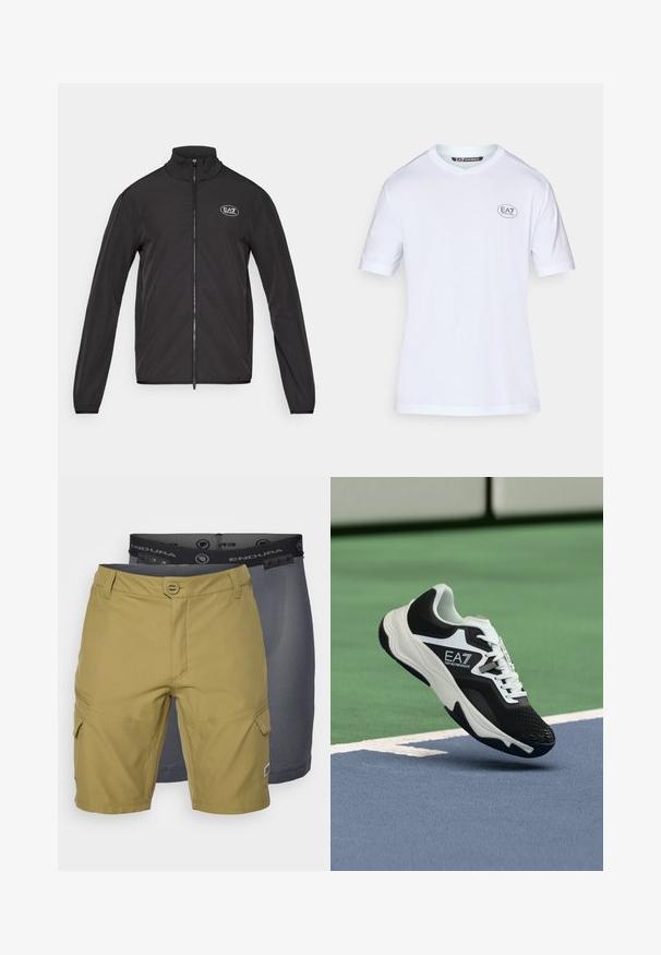 Sort zip-jacket med høj krave, lavet af letvægtsstof. Har lange ærmer og et lille EA7-logo på den øverste venstre bryst.; Hvid t-shirt med korte ærmer lavet af bomuldsstof. Har et lille rundt sort logo på venstre bryst og en klassisk rund halsudskæring.; To sæt shorts: et olivengrønt sæt med lommer og en tekstureret talje, og et sæt mørkegrå mesh-liner synligt derunder.; Sort-hvid EA7 Emporio Armani sneaker svævende over blå og grønne tennisbanestriber.