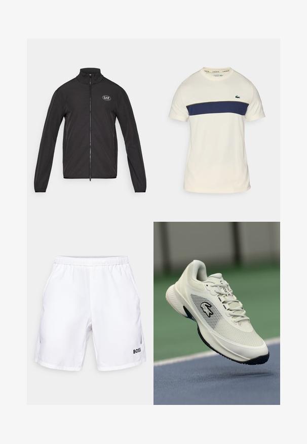Svart zip-up jacka med hög krage, tillverkad av lättviktsmaterial. Har långa ärmar och en liten EA7-logotyp på övre vänstra bröstet.; Krämfärgad och marinblå Lacoste T-shirt med rund halsringning, korta ärmar och ett horisontellt färgblock. Har en grön krokodil-logotyp.; Vita atletiska shorts med resår i midjan, sidofickor och en svart logotyp längst ner till höger. Slätt, lättviktsmaterial.; Vit sportig sneaker med ovandel i mesh, svarta accenter, texturerad sula och framträdande logotyp på sidan, visad mot en bakgrund av en tennisbana.