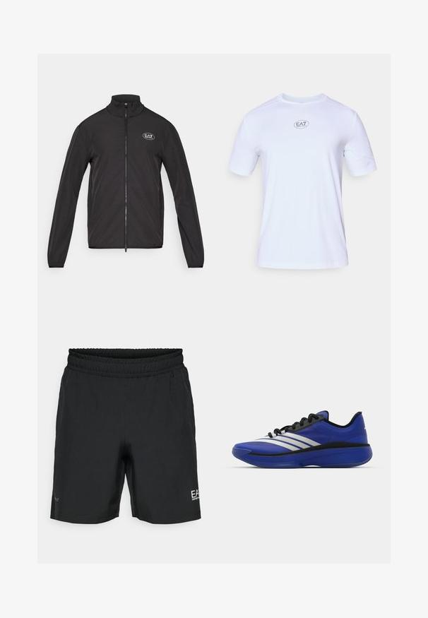 Melnā jaka ar rāvējslēdzēju, augstu apkakli, izgatavota no viegla auduma. Iespējas ietver garas piedurknes un nelielu EA7 logo augšējā kreisajā krūtī.; Balts īsām piedurknēm sporta krekls, izgatavots no viegla, elpojoša sieta auduma. Tam ir apaļš kakla izgriezums un apļveida EA7 logo uz krūšu daļas.; Melnas sporta šortus ar elastīgu jostu, izgatavoti no gludas auduma. Iezīmēts ar mazu baltu logotipu labajā apakšējā kājā.; adidas Performance ADIZERO SELECT 3.0 - Basketbola apavi - lucid blue/core black/metallic