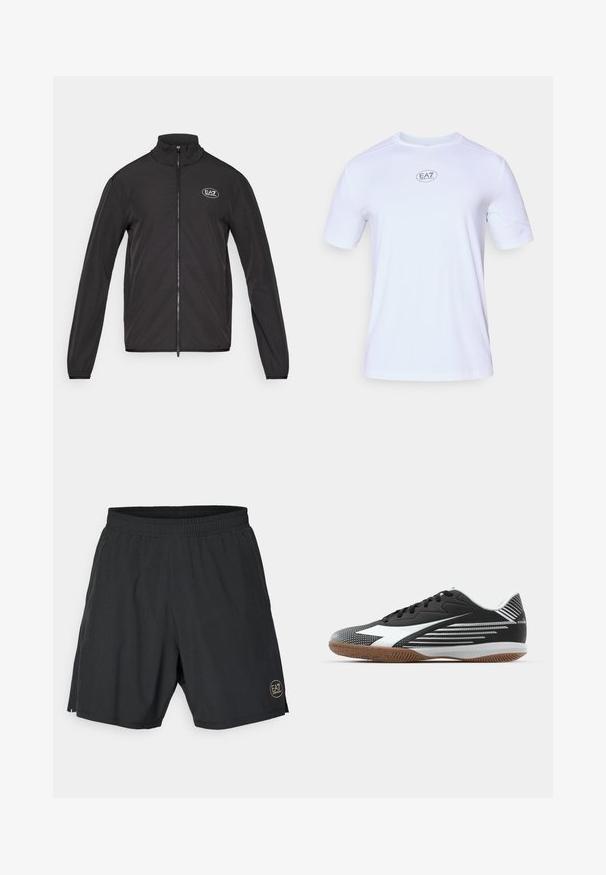 Casaco preto com fecho até ao pescoço, feito de tecido leve. Apresenta mangas longas e um pequeno logo EA7 no canto superior do lado esquerdo do peito.; Camisola atlética de mangas curtas brancas, feita de um tecido de malha leve e respirável. Apresenta um decote redondo e um logótipo circular EA7 no peito.; Calções atléticos pretos feitos de um tecido leve, com uma cintura elástica e um logótipo circular dourado na parte inferior direita.; Sapatilha atlética preta com um cabedal texturizado, detalhes brancos e uma sola de borracha natural. Apresenta padrões de linhas diagonais e um sistema de atacadores tradicional.