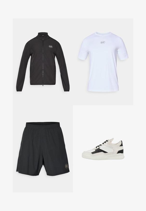 Czarna kurtka zapinana na zamek z wysokim kołnierzem, wykonana z lekkiego materiału. Posiada długie rękawy oraz małe logo EA7 na górnej lewej części piersi.; Biała koszulka sportowa z krótkim rękawem wykonana z lekkiego, oddychającego materiału siatkowego. Posiada okrągły dekolt oraz okrągłe logo EA7 na piersi.; Czarne spodenki sportowe wykonane z lekkiego materiału, z elastycznym paskiem w talii oraz złotym okrągłym logo po prawej stronie.; Białe i czarne sneakersy wykonane z materiałów skórzanych i zamszowych, z perforowanym wzorem, sznurowaniem oraz teksturowaną białą podeszwą.