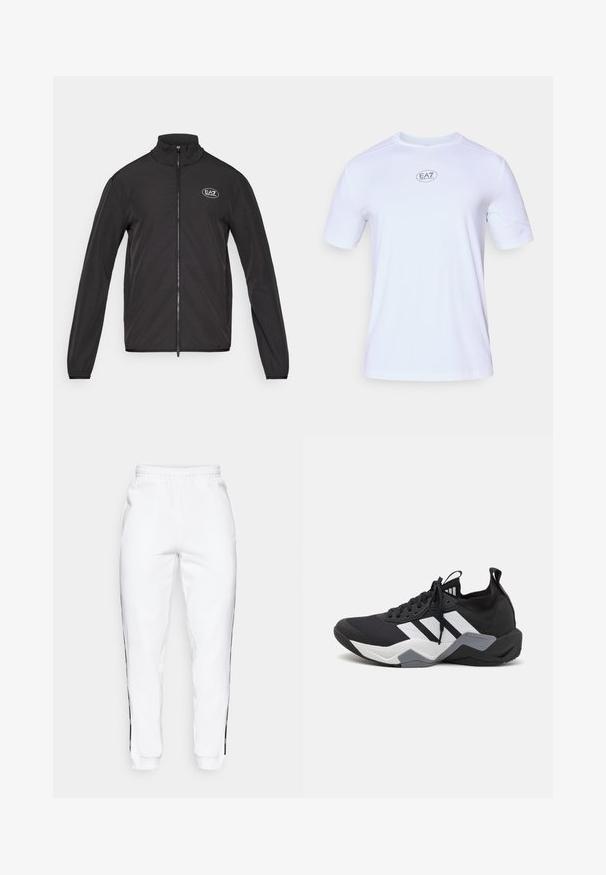Casaco preto com fecho até ao pescoço, feito de tecido leve. Apresenta mangas longas e um pequeno logo EA7 no canto superior do lado esquerdo do peito.; Camisola atlética de mangas curtas brancas, feita de um tecido de malha leve e respirável. Apresenta um decote redondo e um logótipo circular EA7 no peito.; Calças de treino brancas com cintura elástica, apresentando riscas pretas nas laterais e punhos. Feitas de um tecido suave com uma textura lisa.; Shoe desportivo preto com um material texturizado, design em branco com três riscas e uma entressola cinza. Apresenta um colarinho almofadado e fecho de atacadores.