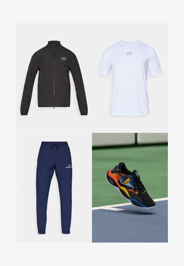Črna zip-up jakna z visokim ovratnikom, izdelana iz lahkega materiala. Ima dolge rokave in majhen EA7 logotip na zgornjem levem prsnem delu.; Bela športna majica s kratkimi rokavi, izdelana iz lahkega in zračnega mrežastega materiala. Ima okroglo ovratnico in krožno logo EA7 na prsih.; Mornarske trenirke iz mehkega materiala, z elastičnim pasom in vrvico, stranskimi žepi ter belim logojem na stegnu.; Črne športne čevlje z barvitimi dodatki v oranžni, modri in rumeni barvi. Imajo teksturirano površino in belo gumijasto podplat z vzorčastim profilom.