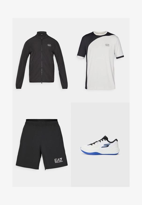 Černá bunda na zip s vysokým límcem, vyrobená z lehkého materiálu. Má dlouhé rukávy a malé logo EA7 na levém horním prsu.; Tričko s krátkým rukávem s designem černobílé barevné bloky, vyrobené z lehké tkaniny. Obsahuje logo EA7 na hrudi.; Černé sportovní šortky vyrobené z lehkého materiálu s elastickým pasem. Na dolní pravé straně se nachází bílé logo EA7.; Bílé sportovní boty s modrými akcenty a černými tkaničkami. Mají síťované panely a polstrovanou podrážku pro podporu a pohodlí.