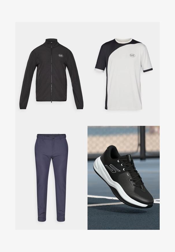 Črna zip-up jakna z visokim ovratnikom, izdelana iz lahkega materiala. Ima dolge rokave in majhen EA7 logotip na zgornjem levem prsnem delu.; Majica s kratkimi rokavi v črno-belem barvnem bloku, izdelana iz lahkega materiala. Vključuje logotip EA7 na prsih.; Mornarsko modri hlače iz gladke tkanine, z gumbom in zadrgo, s ozkim krojem in zavitimi robovi.; Črne športne čevlje z teksturirano zgornjico, belimi detajli in podplatom iz udobnega belega materiala. Imajo vezalke in perforiran dizajn za zračnost.