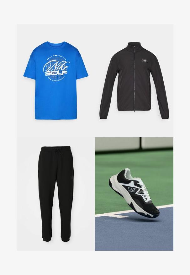 Svart zip-up jakke med høy krage, laget av lett materiale. Har lange ermer og en liten EA7-logo på øvre venstre bryst.; Blå t-skjorte med korte ermer laget av bomull, med et stort hvitt grafikk som inkluderer "Nike Golf" og tekst inni en prikket sirkel.; Svart tapered joggebukser med elastisk midje og snor, sidelommer og mansjetterte ankler, forfra.; Svart-hvitt EA7 Emporio Armani-sneaker hengt opp over blå og grønne tennisbane-linjer.