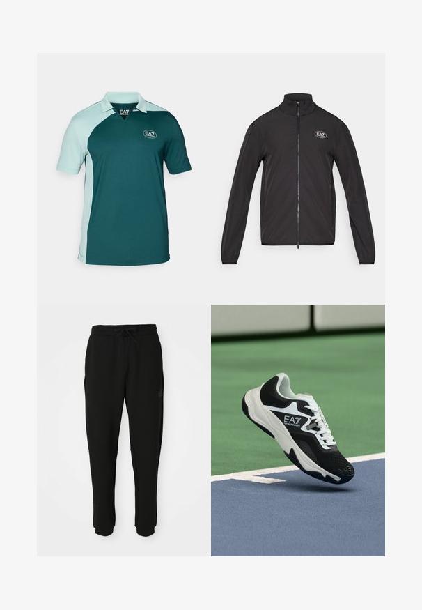 Črna zip-up jakna z visokim ovratnikom, izdelana iz lahkega materiala. Ima dolge rokave in majhen EA7 logotip na zgornjem levem prsnem delu.; Temnozeleno polo majico s svetlo modrimi detajli, kratkimi rokavi, ovratnikom in teksturirano tkanino, ki odraža logo EA7.; Črne taperirane trenirke z elastičnim pasom in vrvico, stranskimi žepi in manšetami na gležnjih, sprednji pogled.; Črno-beli čevelj EA7 Emporio Armani, ki visi nad modrimi in zelenimi linijami teniškega igrišča.