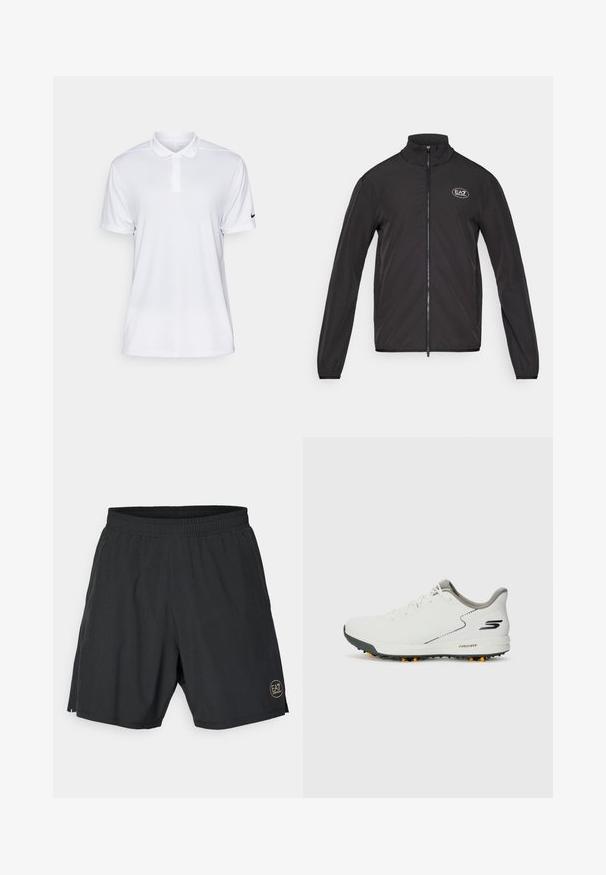 Juodas zip-up džemperis su aukštu apykakle, pagamintas iš lengvos medžiagos. Turi ilgas rankoves ir mažą EA7 logotipą viršutinėje kairėje krūtinės pusėje.; Balta, trumpų rankovių polo marškiniai, pagaminti iš sintetinės medžiagos. Savybės: apykaklė ir juodas 'Nike' logotipas kairiajame rankove.; Juodi sportiniai šortai, pagaminti iš lengvos medžiagos, su elastingu juosmeniu ir auksiniu apvaliu logotipu dešinėje apatinėje pusėje.; Balti sportiniai batai su lygiu viršumi, pilkais akcentais ir tekstūruota juoda padanga, turinčia oranžinius spygliais. Lengvas dizainas, orientuotas į komfortą.